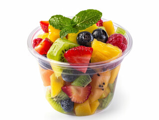 Vibrant fruit salad with strawberries, kiwi, and mango in a clear plastic cup container, isolated on white.