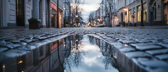 A tranquil, wet cobblestone street reflects the soft glow of evening lights, bordered by elegant buildings, offering a serene urban landscape.
