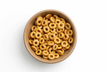 Ceramic bowl of cereal corn rings isolated on white background