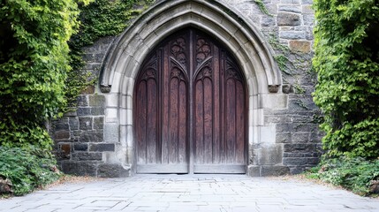 Obraz premium Ornate Gothic Arch Wooden Door Entrance Stone Wall Ivy Outdoors