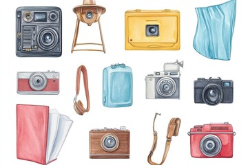 A collection of vintage and modern cameras displayed artistically on a flat surface