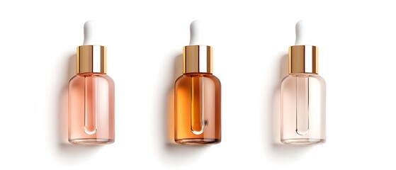 Obraz premium Three bottles of perfume are lined up on a white background