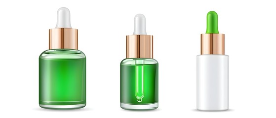 Obraz premium Three bottles of green liquid with a green cap