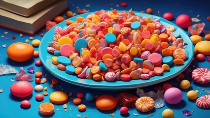 A white plate is centered on a light blue table with colorful assorted candies and sprinkles scattered both on the plate and around it.