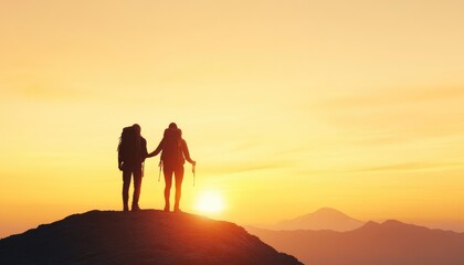 Fototapeta premium Silhouetted hikers standing on a mountain peak during sunset, enjoying the serene view