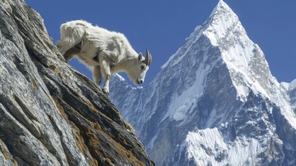 mountain goat climbing down a steep rock face, goat in the mountains