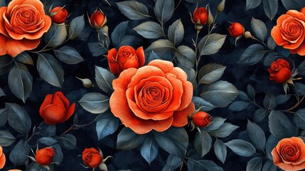 Elegant floral pattern featuring red roses and green leaves on a dark background, ideal for design