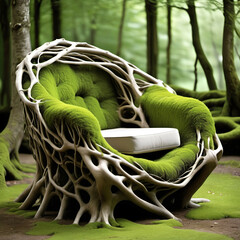 Living Chair &ndash; A chair made of intertwining tree roots and branches, with green moss acting as the seat cushion.