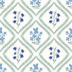 Vintage seamless pattern with bluebells and forget-me-not and green branches, elegant wallpaper, trendy romantic background