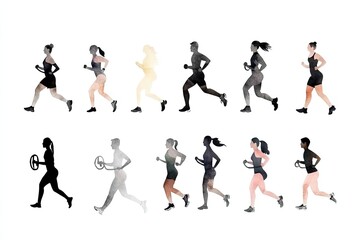 Naklejka premium Dynamic sequence of diverse women running with weights, showcasing different movements and styles