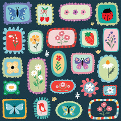 Spring and summer seamless pattern with different colorful frames, floral design, decorative wallpaper, wrapping paper, background