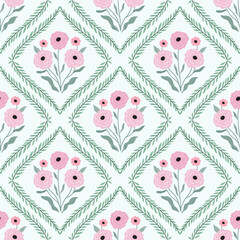 Vintage seamless pattern with spring floral bouquets and branches,  charming delicate wallpaper, trendy background