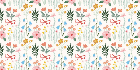 Springtime seamless pattern with beautiful flowers, bluebells and coquette bows, decorative wallpaper in delicate colors, trendy background
