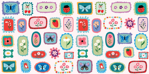 Spring and summer seamless pattern with different colorful frames, floral design, decorative wallpaper, wrapping paper, background