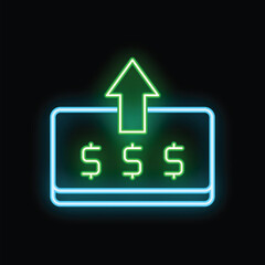 Neon sign of increasing money on credit card, symbolizing sending money or adding to balance, on black background