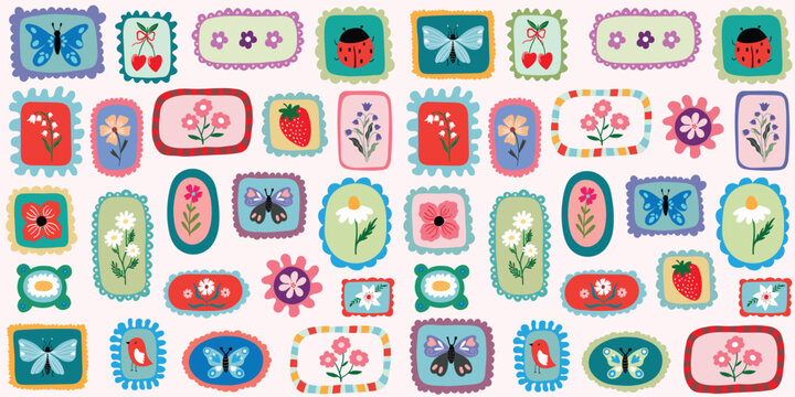 Spring and summer seamless pattern with different colorful frames, floral design, decorative wallpaper, wrapping paper, background
