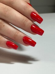 Square red manicure on square nails