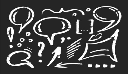 Chalk speech bubble set. Crayon dialogue cloud frame by pencil. Arrow, line, emphasis, dots, signs, talk cute charcoal box. Doodle vector illustration on blackboard