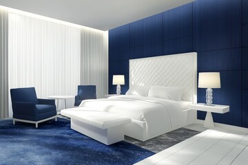 interior of a modern living room in blue and white colors with a bed, table, armchair and lamps, minimalistic style