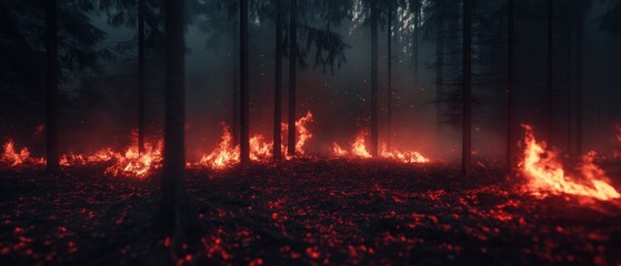 Fototapeta premium Flames dance menacingly through a shadowy forest, casting an eerie glow amidst the trees, creating a dramatic and intense atmosphere.