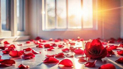 Softly glowing red rose petals scattered on a white background, with gentle sunlight peeking through the window , soft focus, romantic background