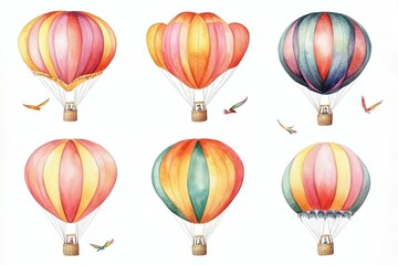 Obraz premium Colorful watercolor hot air balloons floating against a white background with birds nearby