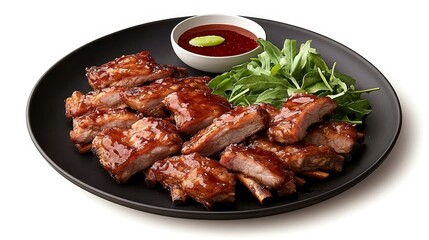Famous Food of Chinese concept. Succulent grilled meat served with sauce and fresh greens on a black plate.