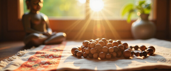 Buddhist prayer beads resting on cloth in sunlight, spiritual serenity