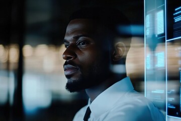 Obraz premium Professional African American Man Reflecting on Digital Innovation in a Modern Office Environment While Surrounded by High-Tech Displays and Soft Lighting