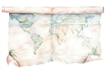 Artistic depiction of a world map on parchment, showcasing continents with soft colors and palm trees