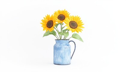 Fototapeta premium A vibrant arrangement of sunflowers in a blue pitcher against a clean white background