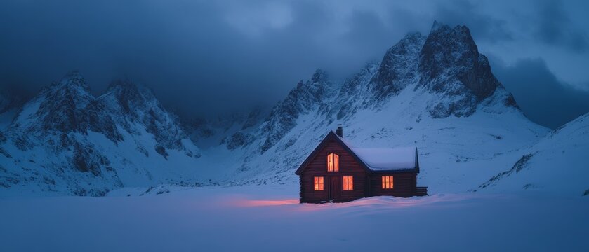 A solitary cabin glows warmly amidst a snowy landscape beneath towering mountains, creating a picturesque haven of warmth and solitude in the cold.
