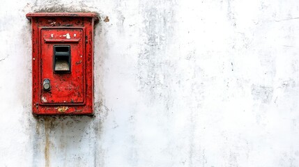Weathered Red Vintage Fire Alarm Box on White Wall Grunge Texture Rustic Background