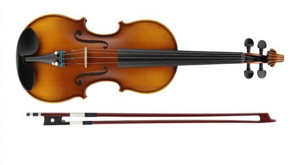 Fototapeta premium High angle Studio Shot of Classic Violin and Bow Isolated on White Background