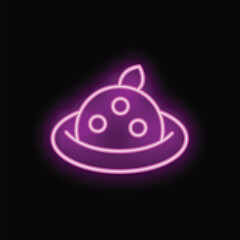 Obraz premium Vibrant pink neon sign depicting a mangosteen fruit, glowing against a dark background