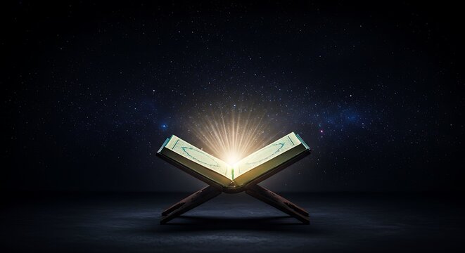 Illuminated Quran on Stand with Radiant Light and Abstract Starry Geometric Background