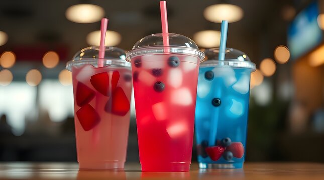 Cinematic style image of a clear plastic cup with lid and straw showcasing strawberry, blueberry, and regular lemonade, film-like composition and lighting enhance the visual appeal 