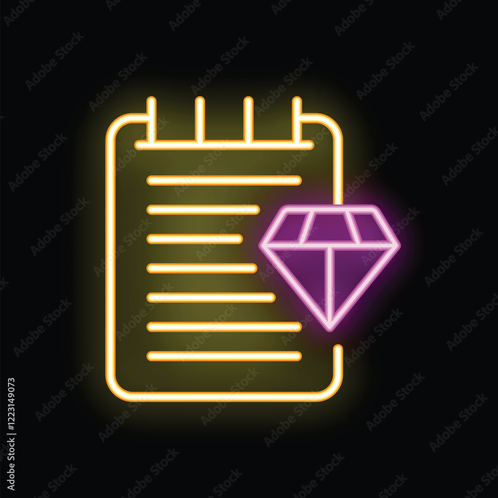 Poster neon icon of a notepad with a checklist and a shiny diamond suggesting a high value checklist