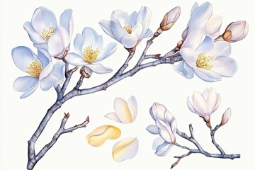 Delicate white magnolia flowers in bloom on a branch with petals scattered, showcasing nature's beauty