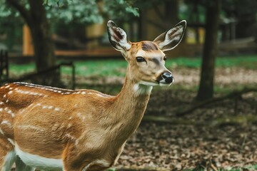 Fototapeta premium A young whitetailed deer, its brown coat speckled with white spots, stands alert in a dark forest. The fawns ears are pointed, and its gaze is focused.