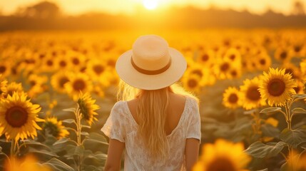 Caucasian female in sun hat enjoying sunflower field at sunset