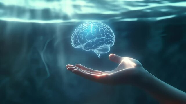 Holographic brain floats above an open hand in deep underwater setting symbolizing artificial intelligence deep learning and biotechnology merging with human cognition in futuristic scientific concept