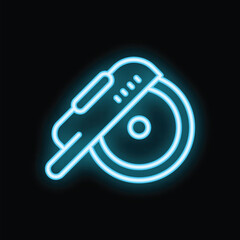 Blue neon icon of an angle grinder glowing against a black background