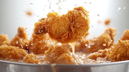 Crispy fried chicken pieces splashing in a bowl of sauce.