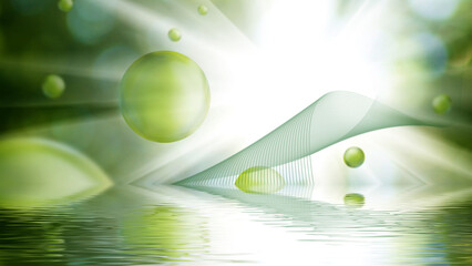 Vibrant green spheres dance above tranquil water reflecting shimmering light and organic elegance...