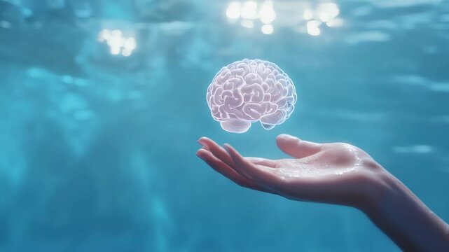 Glowing artificial intelligence brain floats above an open hand underwater, symbolizing the future of AI neural technology and biotechnology, merging human cognition with deep learning advancements
