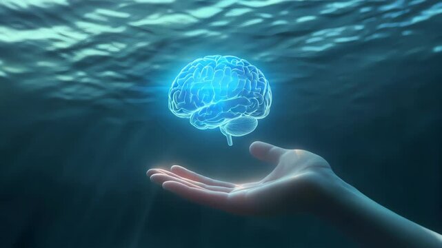 Holographic digital brain floats above a human hand underwater representing artificial intelligence deep learning and intersection of neuroscience with futuristic biotechnology in surreal environment