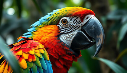Fototapeta premium Close-up of a colorful parrot in a rainforest
