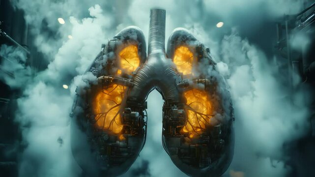 Lungs engulfed in flames and surrounded by thick smoke visually represent devastating impact of air pollution industrial emissions and environmental degradation on human health and the planet&rsquo;s future