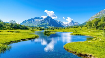 Scenic mountain lake reflecting sky, lush green valley, summer landscape, travel photography